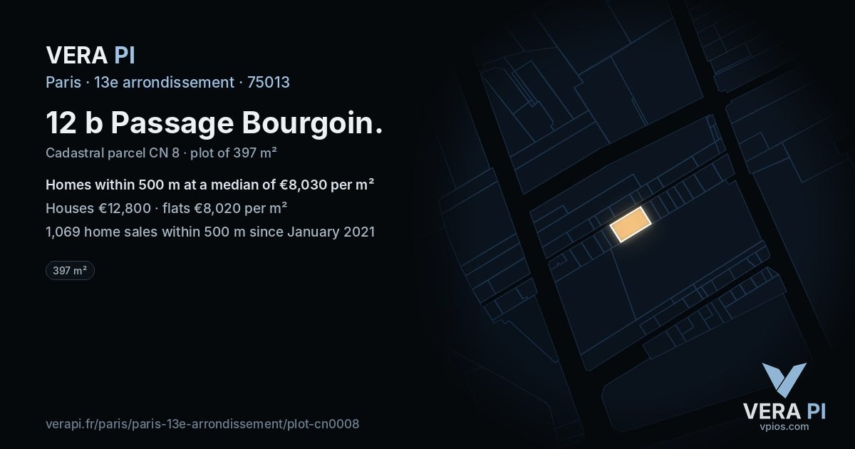 12 b Passage Bourgoin, 13e arrondissement at night – the plot lit, the parcels around coloured by the prices near them