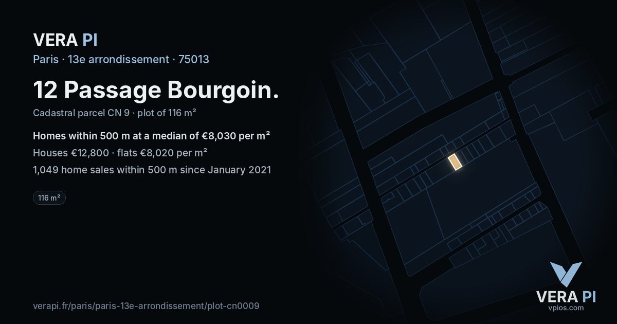 12 Passage Bourgoin, 13e arrondissement at night – the plot lit, the parcels around coloured by the prices near them