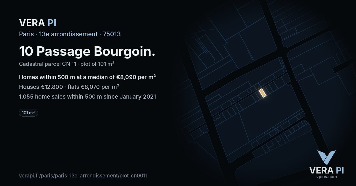 10 Passage Bourgoin, 13e arrondissement at night – the plot lit, the parcels around coloured by the prices near them