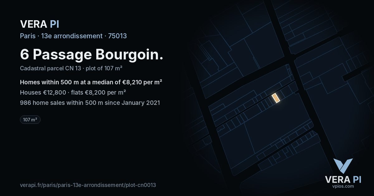 6 Passage Bourgoin, 13e arrondissement at night – the plot lit, the parcels around coloured by the prices near them