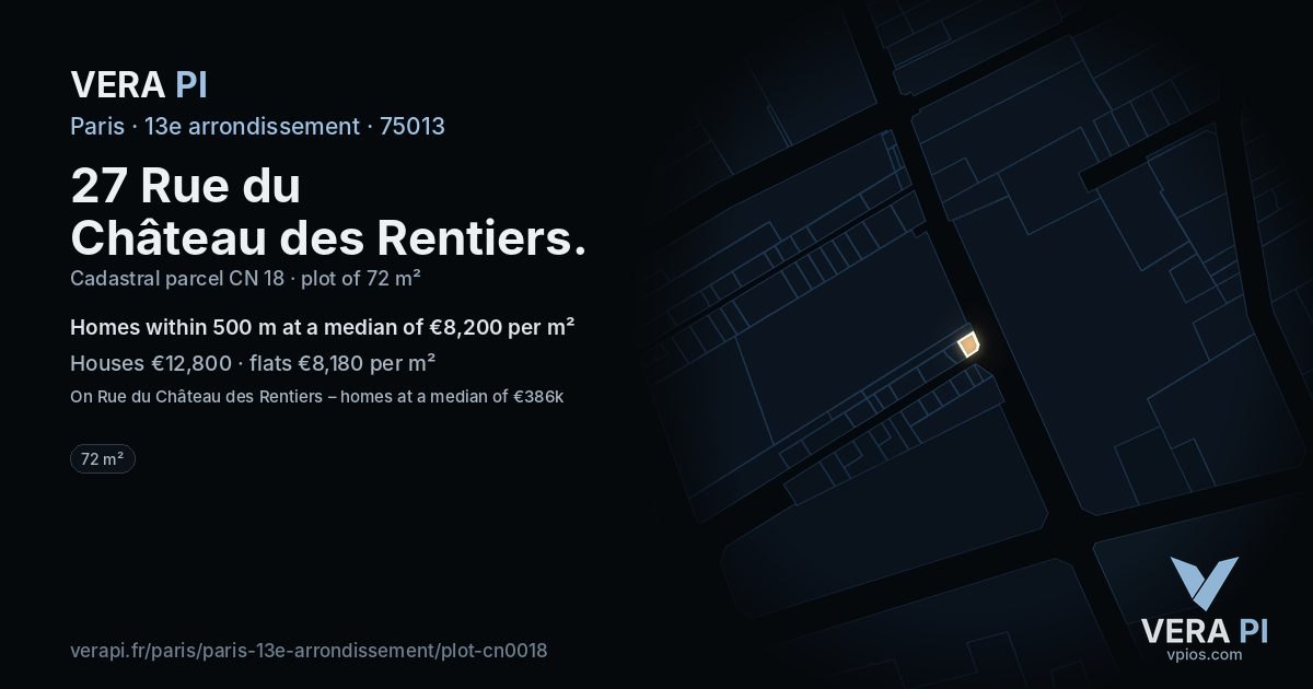 27 Rue du Château des Rentiers, 13e arrondissement at night – the plot lit, the parcels around coloured by the prices near them