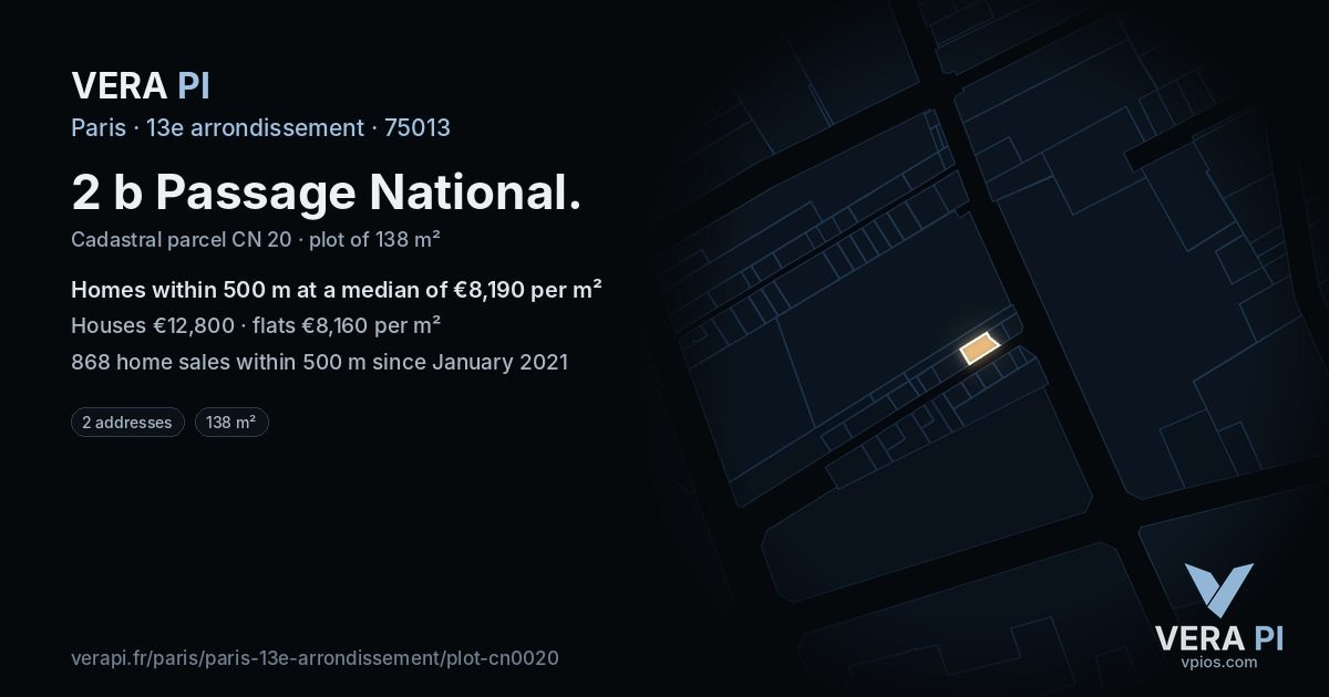 2 b Passage National, 13e arrondissement at night – the plot lit, the parcels around coloured by the prices near them