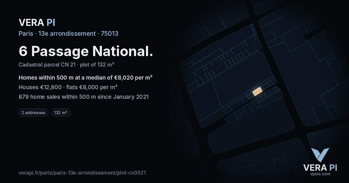 6 Passage National, 13e arrondissement at night – the plot lit, the parcels around coloured by the prices near them