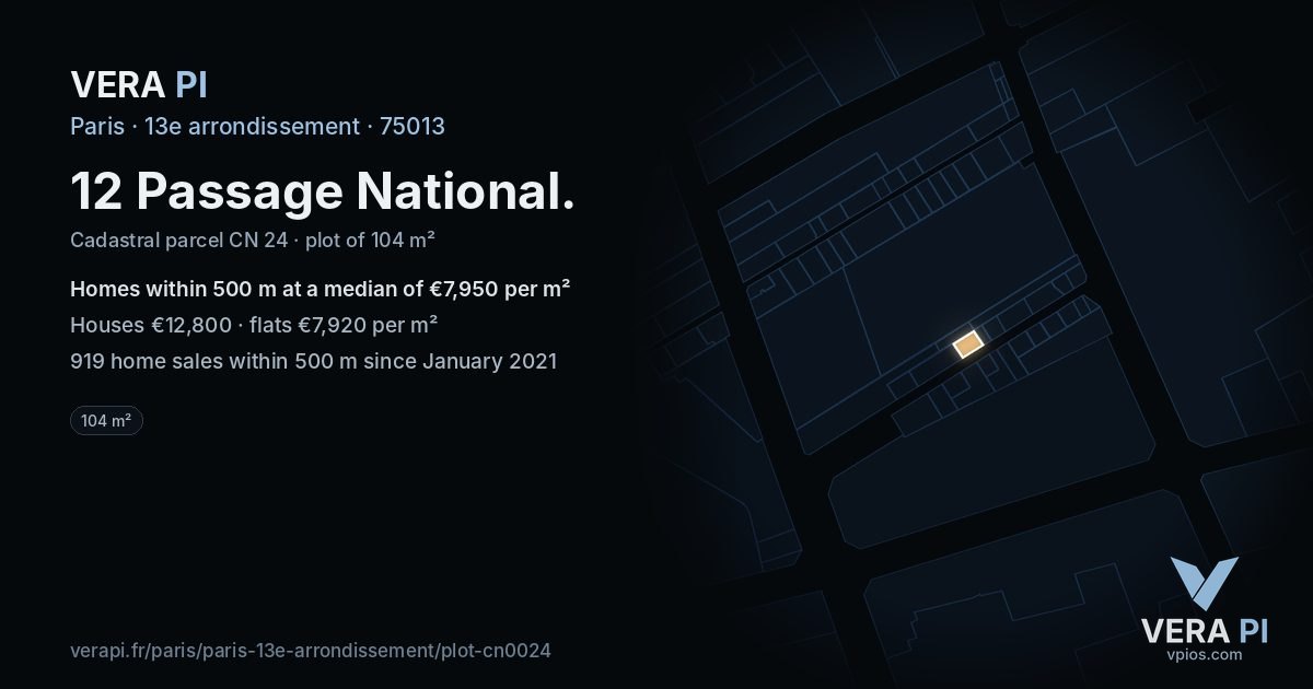 12 Passage National, 13e arrondissement at night – the plot lit, the parcels around coloured by the prices near them