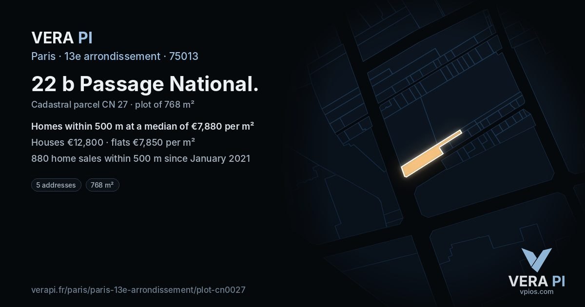 22 b Passage National, 13e arrondissement at night – the plot lit, the parcels around coloured by the prices near them