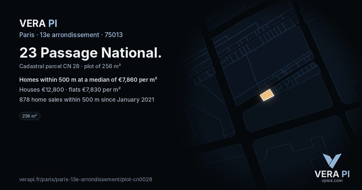 23 Passage National, 13e arrondissement at night – the plot lit, the parcels around coloured by the prices near them