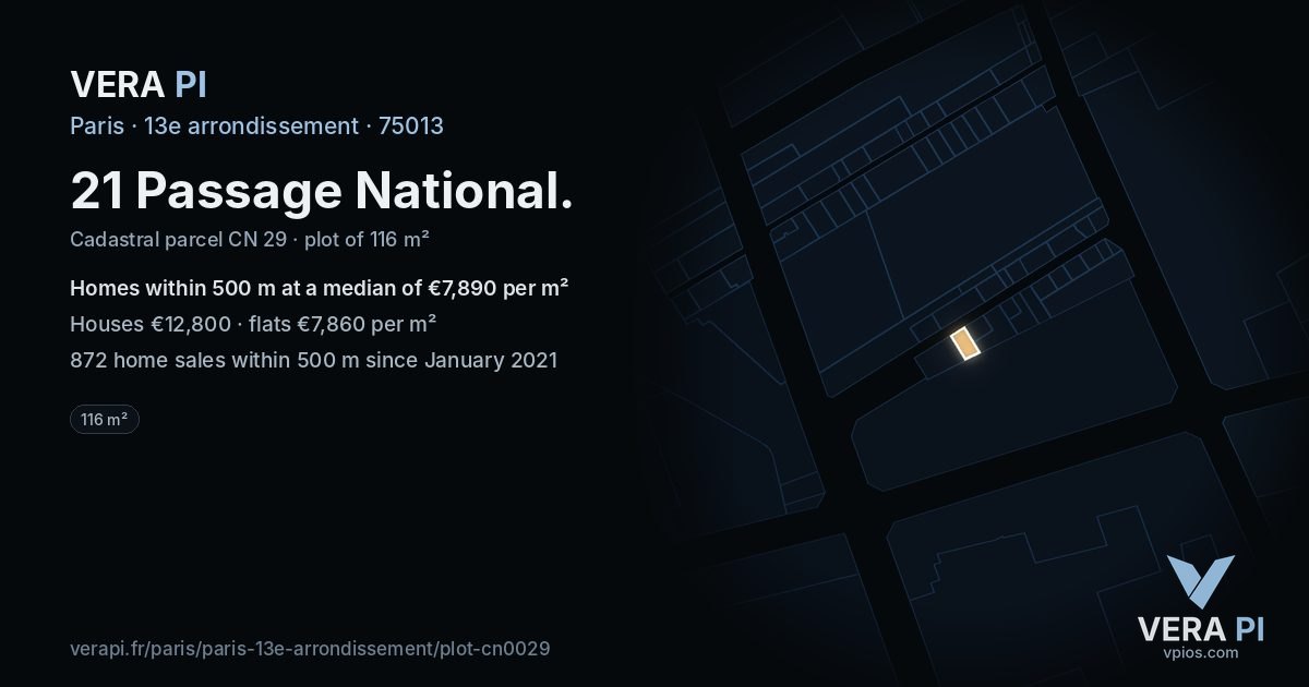 21 Passage National, 13e arrondissement at night – the plot lit, the parcels around coloured by the prices near them