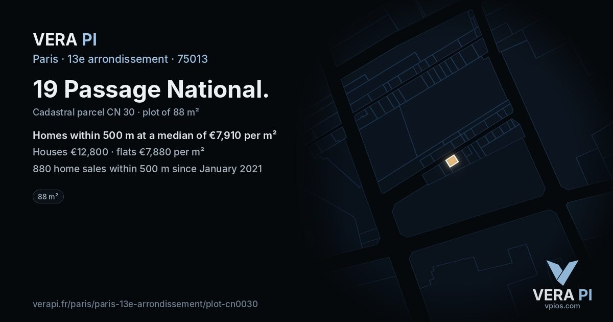 19 Passage National, 13e arrondissement at night – the plot lit, the parcels around coloured by the prices near them