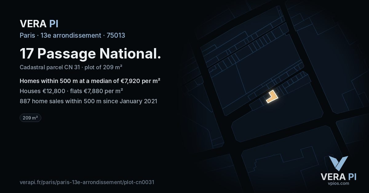 17 Passage National, 13e arrondissement at night – the plot lit, the parcels around coloured by the prices near them