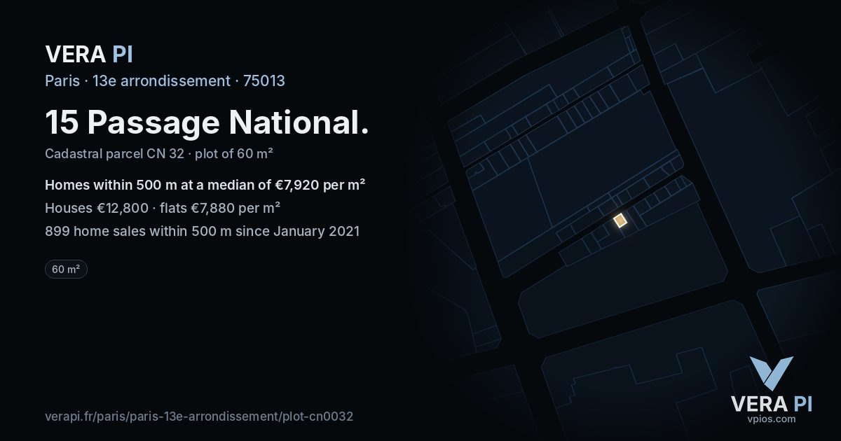 15 Passage National, 13e arrondissement at night – the plot lit, the parcels around coloured by the prices near them