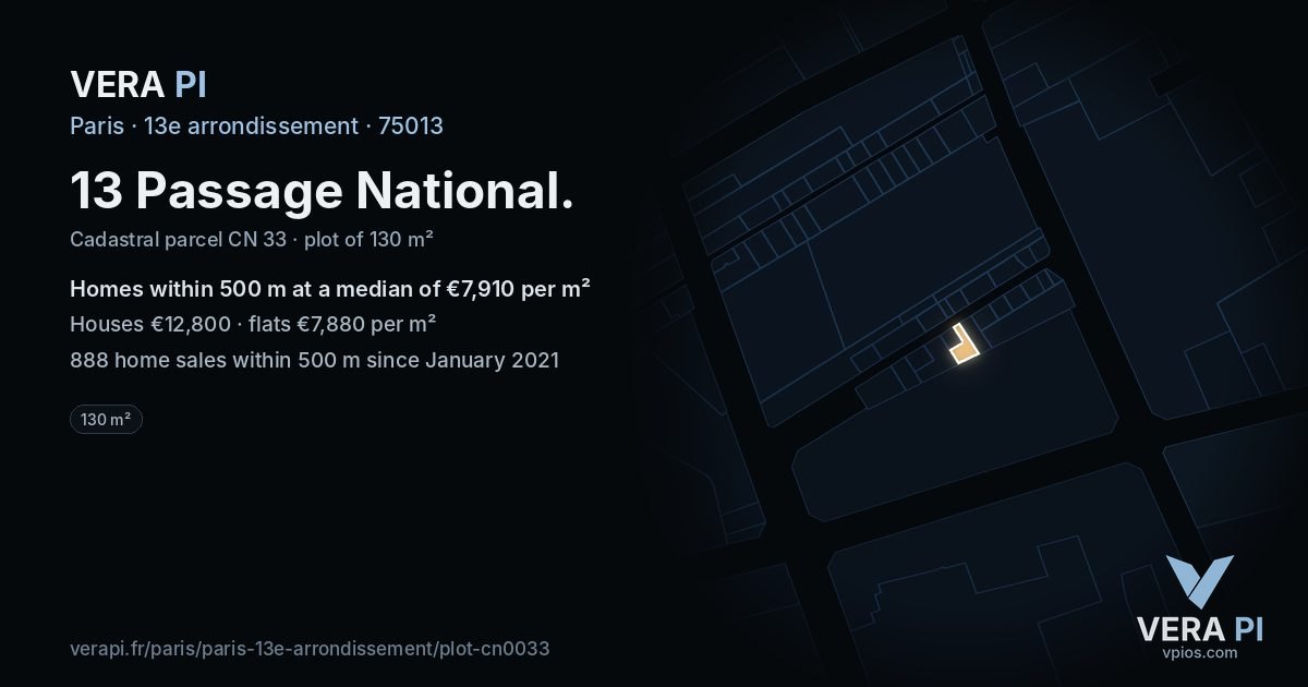 13 Passage National, 13e arrondissement at night – the plot lit, the parcels around coloured by the prices near them