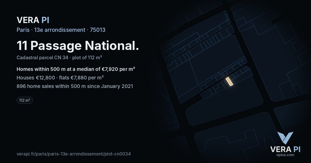 11 Passage National, 13e arrondissement at night – the plot lit, the parcels around coloured by the prices near them