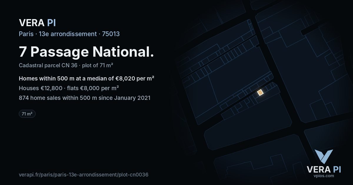 7 Passage National, 13e arrondissement at night – the plot lit, the parcels around coloured by the prices near them