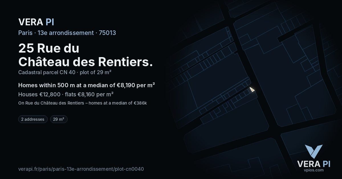 25 Rue du Château des Rentiers, 13e arrondissement at night – the plot lit, the parcels around coloured by the prices near them