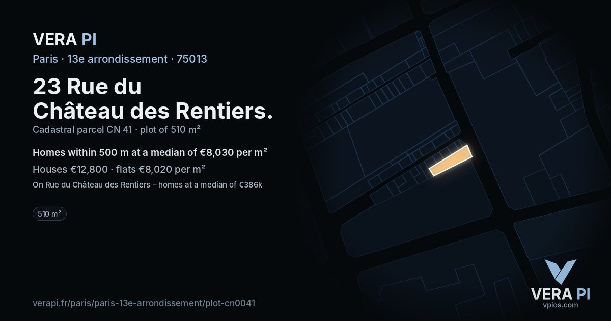 23 Rue du Château des Rentiers, 13e arrondissement at night – the plot lit, the parcels around coloured by the prices near them