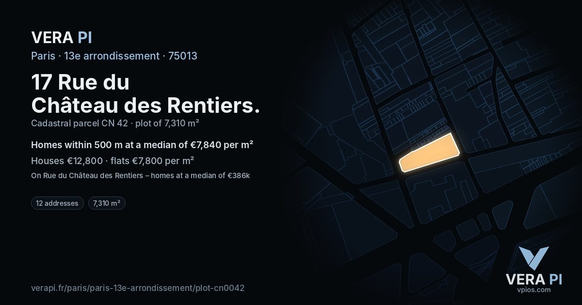17 Rue du Château des Rentiers, 13e arrondissement at night – the plot lit, the parcels around coloured by the prices near them