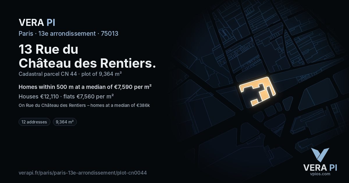 13 Rue du Château des Rentiers, 13e arrondissement at night – the plot lit, the parcels around coloured by the prices near them