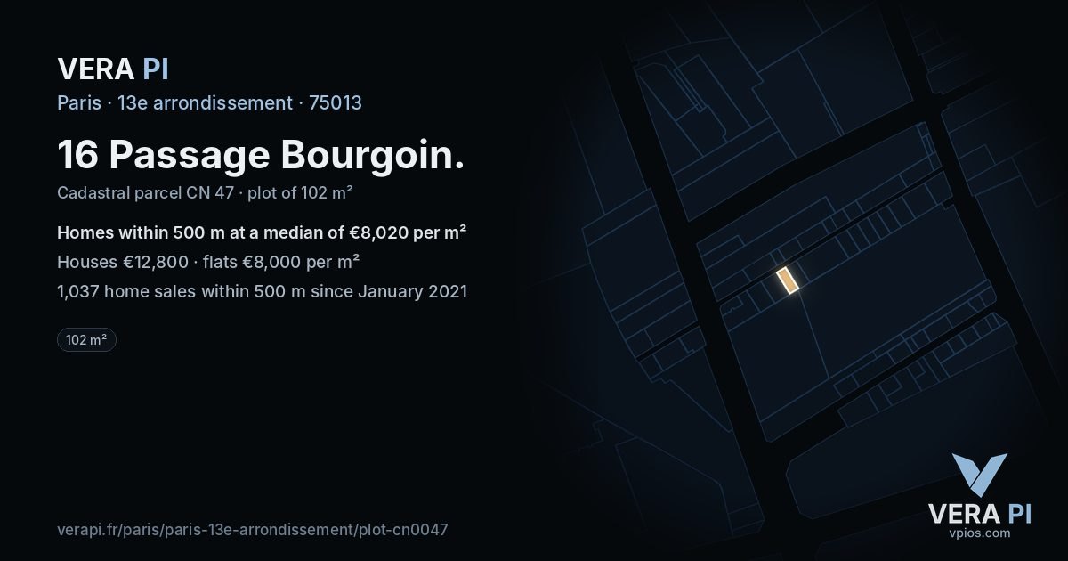 16 Passage Bourgoin, 13e arrondissement at night – the plot lit, the parcels around coloured by the prices near them