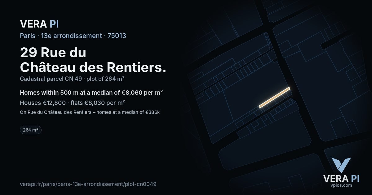 29 Rue du Château des Rentiers, 13e arrondissement at night – the plot lit, the parcels around coloured by the prices near them