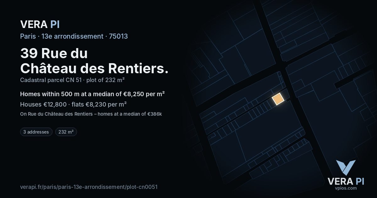 39 Rue du Château des Rentiers, 13e arrondissement at night – the plot lit, the parcels around coloured by the prices near them