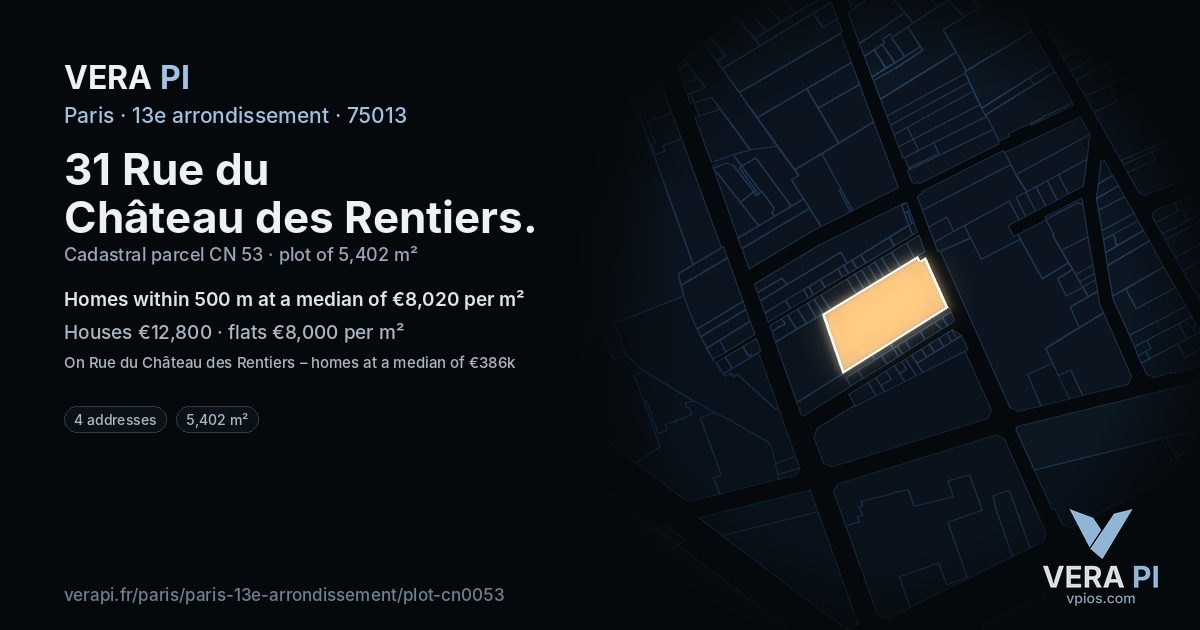 31 Rue du Château des Rentiers, 13e arrondissement at night – the plot lit, the parcels around coloured by the prices near them