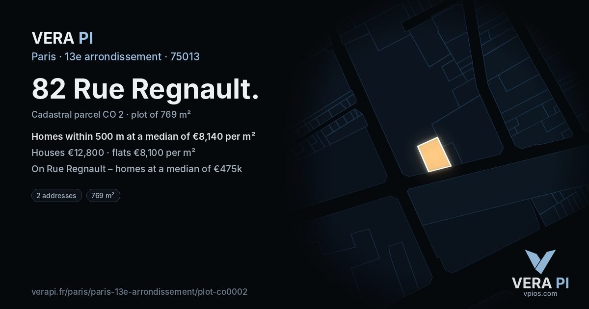 82 Rue Regnault, 13e arrondissement at night – the plot lit, the parcels around coloured by the prices near them