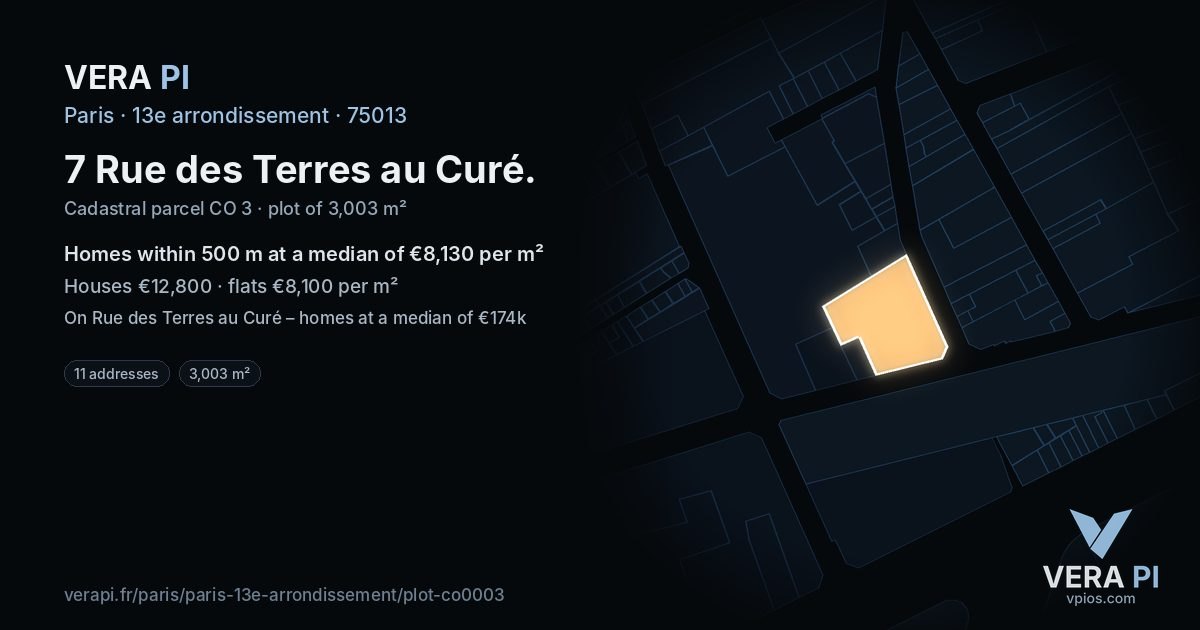 7 Rue des Terres au Curé, 13e arrondissement at night – the plot lit, the parcels around coloured by the prices near them