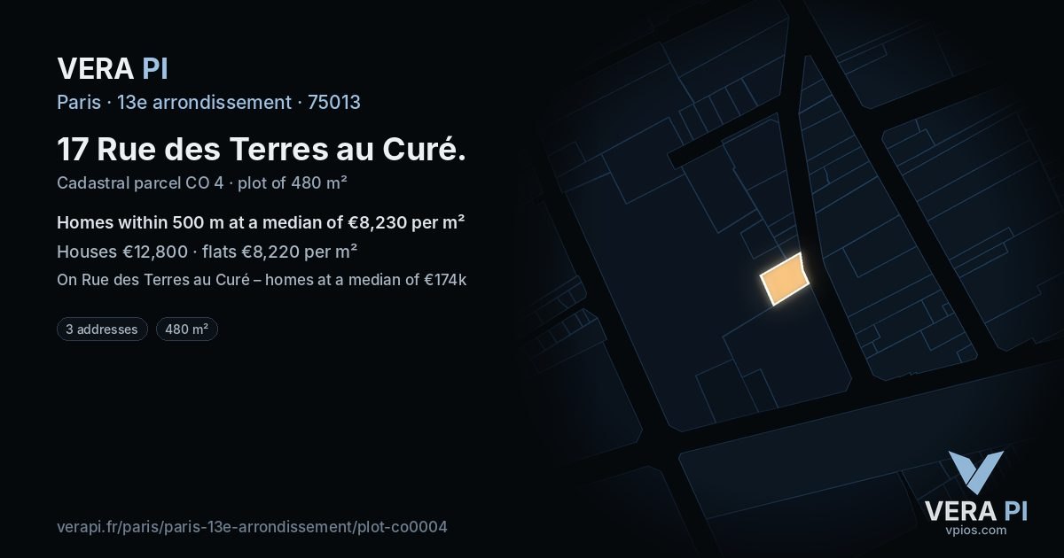 17 Rue des Terres au Curé, 13e arrondissement at night – the plot lit, the parcels around coloured by the prices near them