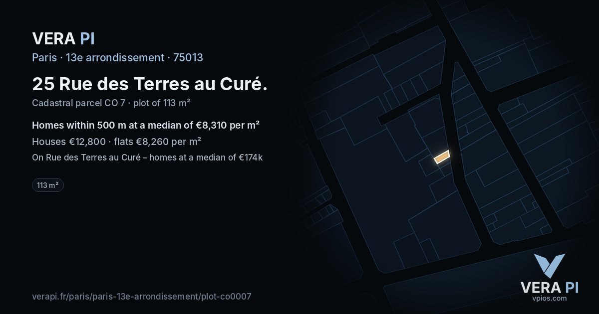 25 Rue des Terres au Curé, 13e arrondissement at night – the plot lit, the parcels around coloured by the prices near them