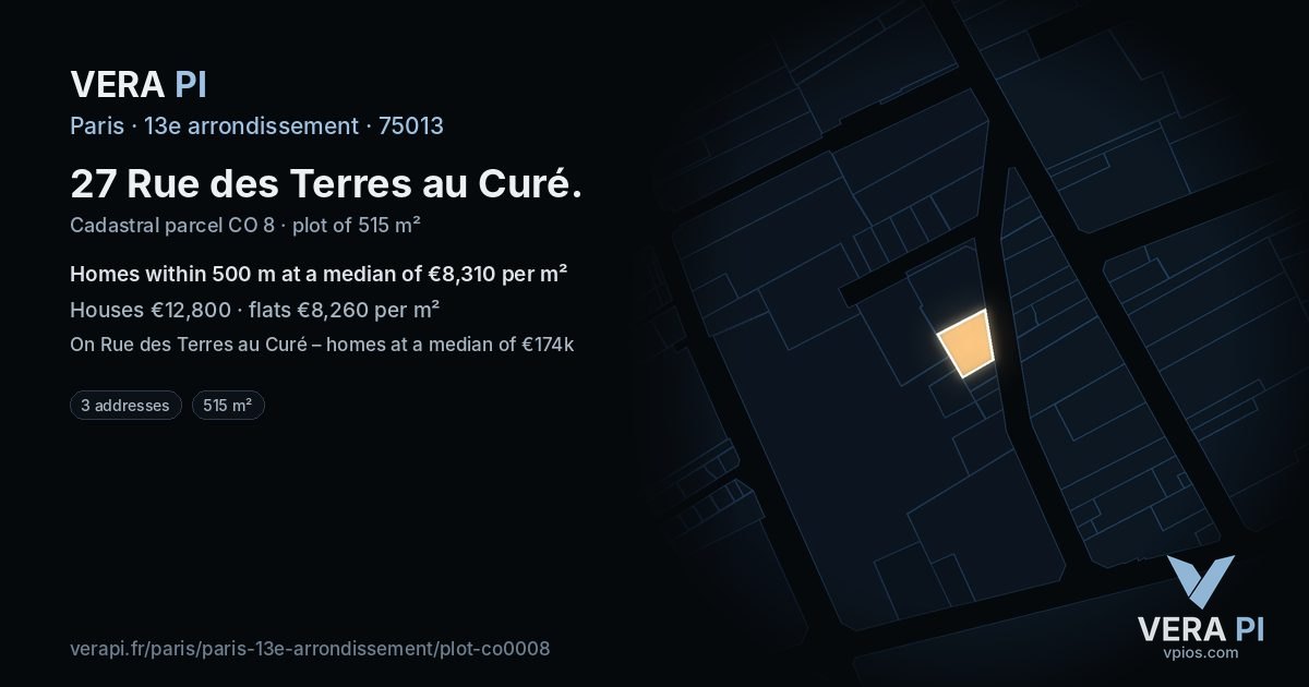 27 Rue des Terres au Curé, 13e arrondissement at night – the plot lit, the parcels around coloured by the prices near them