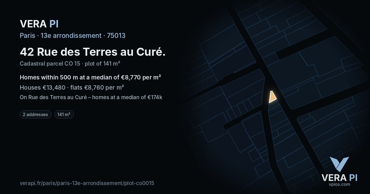 42 Rue des Terres au Curé, 13e arrondissement at night – the plot lit, the parcels around coloured by the prices near them