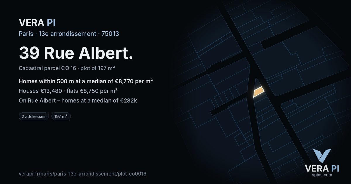 39 Rue Albert, 13e arrondissement at night – the plot lit, the parcels around coloured by the prices near them