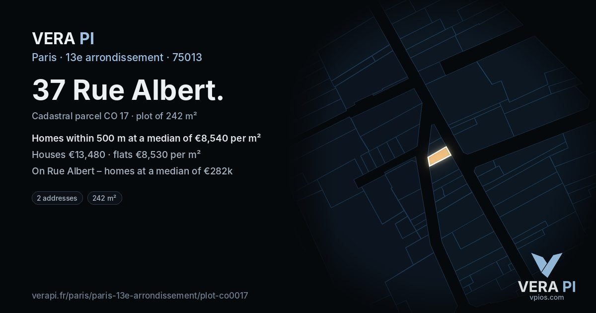 37 Rue Albert, 13e arrondissement at night – the plot lit, the parcels around coloured by the prices near them