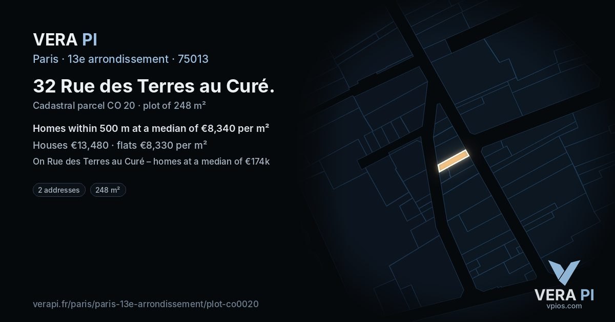32 Rue des Terres au Curé, 13e arrondissement at night – the plot lit, the parcels around coloured by the prices near them