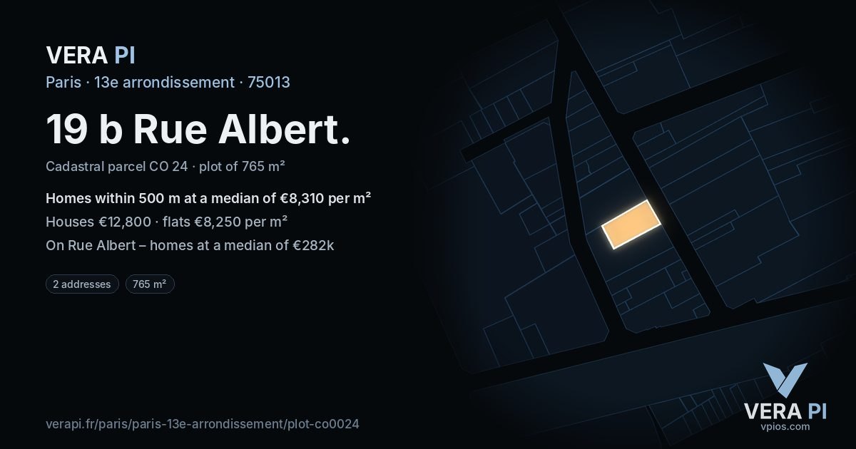 19 b Rue Albert, 13e arrondissement at night – the plot lit, the parcels around coloured by the prices near them