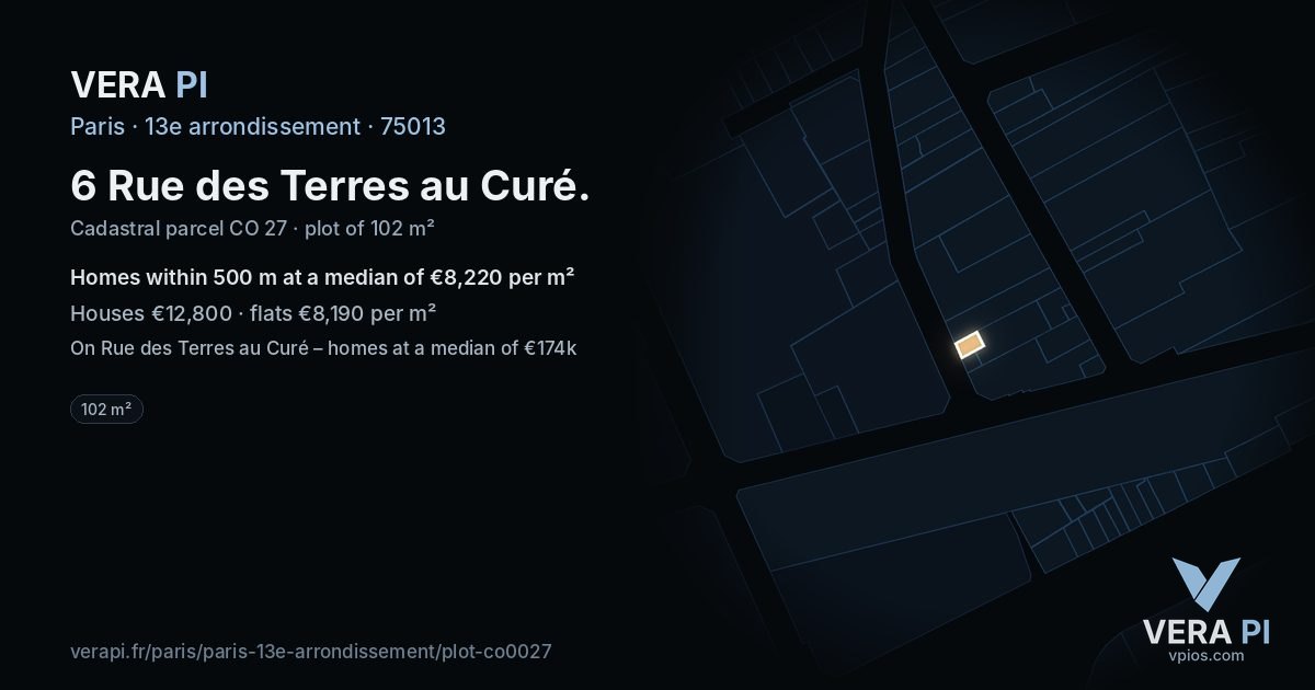 6 Rue des Terres au Curé, 13e arrondissement at night – the plot lit, the parcels around coloured by the prices near them