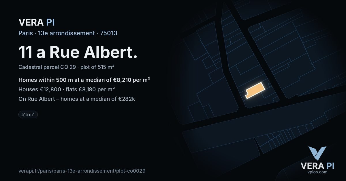 11 a Rue Albert, 13e arrondissement at night – the plot lit, the parcels around coloured by the prices near them