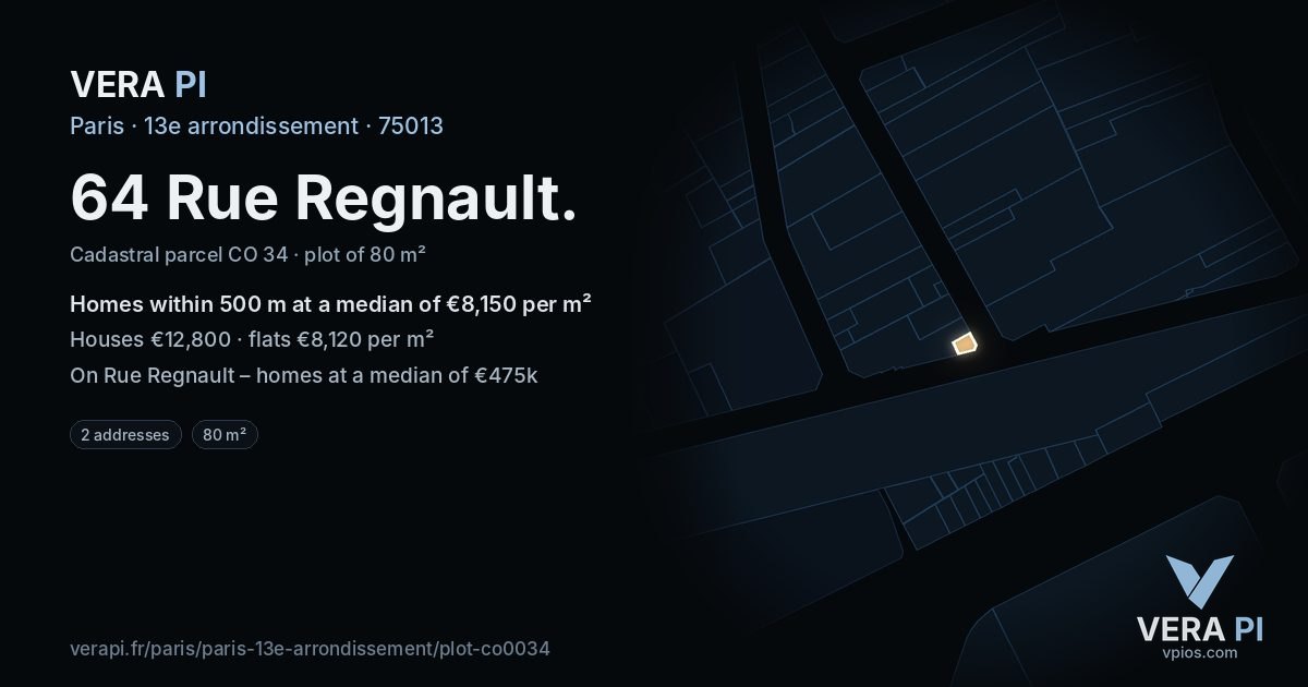 64 Rue Regnault, 13e arrondissement at night – the plot lit, the parcels around coloured by the prices near them