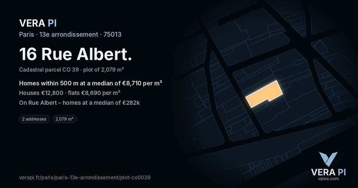 16 Rue Albert, 13e arrondissement at night – the plot lit, the parcels around coloured by the prices near them