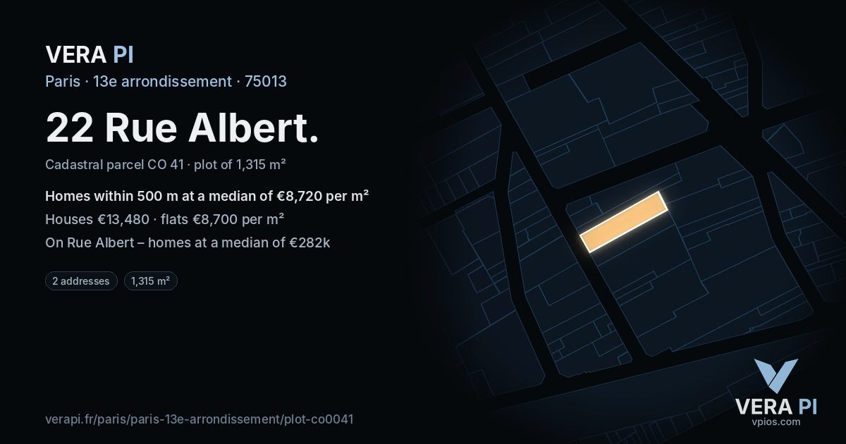 22 Rue Albert, 13e arrondissement at night – the plot lit, the parcels around coloured by the prices near them
