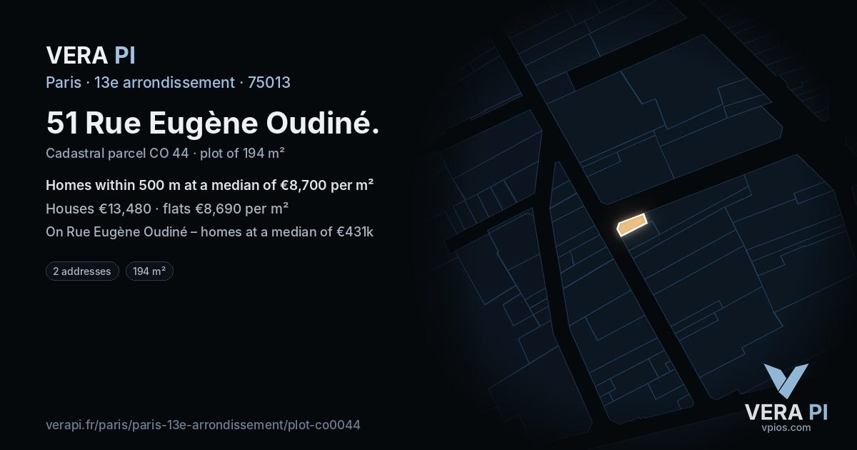 51 Rue Eugène Oudiné, 13e arrondissement at night – the plot lit, the parcels around coloured by the prices near them