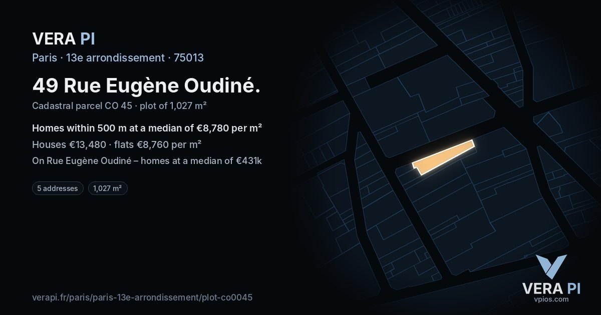49 Rue Eugène Oudiné, 13e arrondissement at night – the plot lit, the parcels around coloured by the prices near them