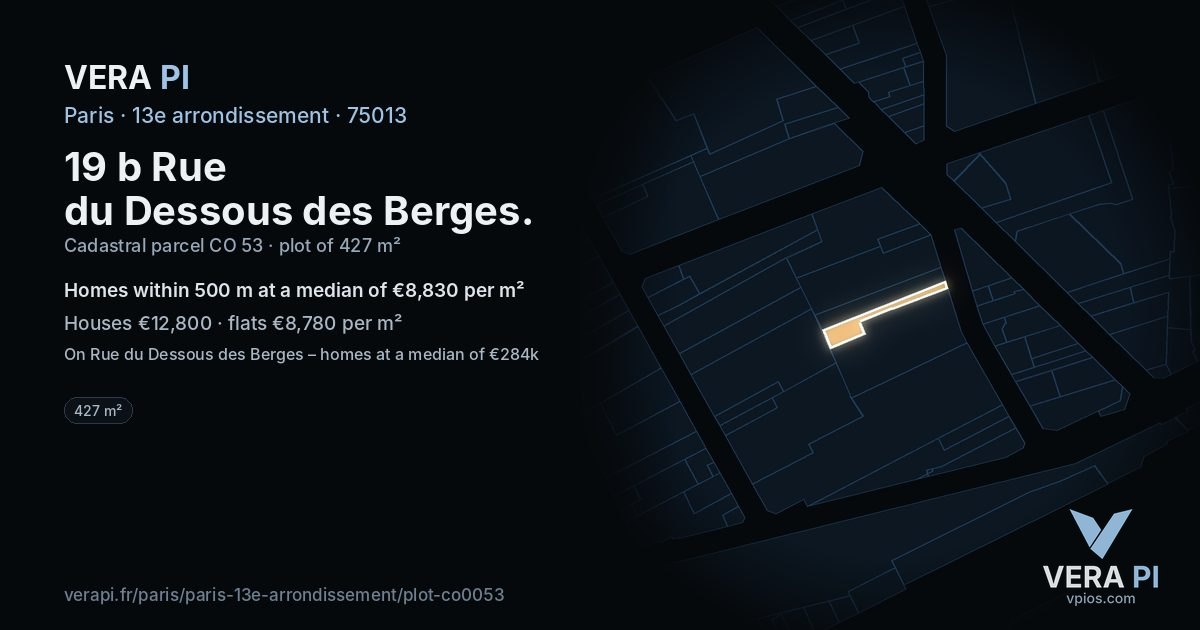 19 b Rue du Dessous des Berges, 13e arrondissement at night – the plot lit, the parcels around coloured by the prices near them