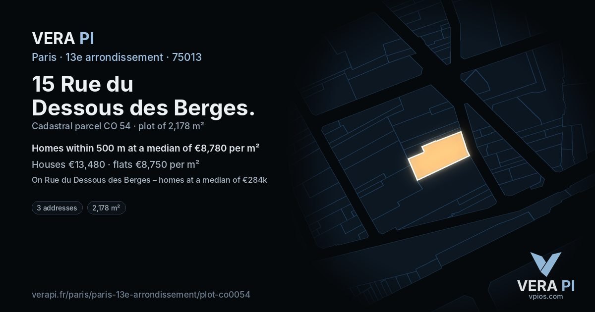 15 Rue du Dessous des Berges, 13e arrondissement at night – the plot lit, the parcels around coloured by the prices near them