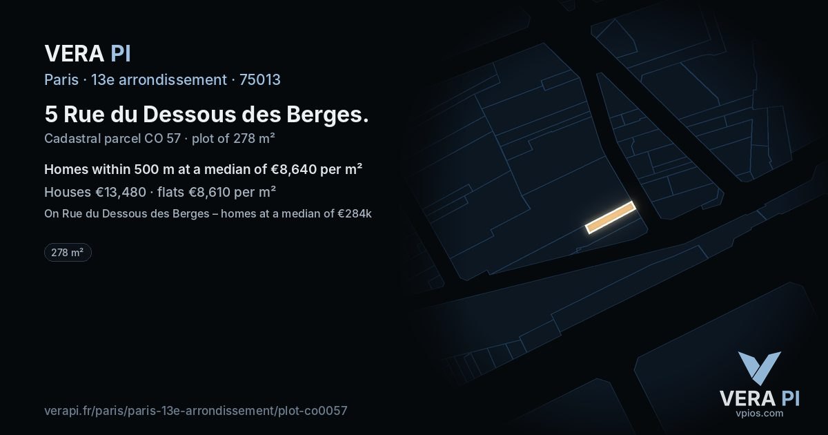5 Rue du Dessous des Berges, 13e arrondissement at night – the plot lit, the parcels around coloured by the prices near them
