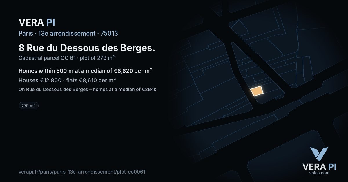 8 Rue du Dessous des Berges, 13e arrondissement at night – the plot lit, the parcels around coloured by the prices near them