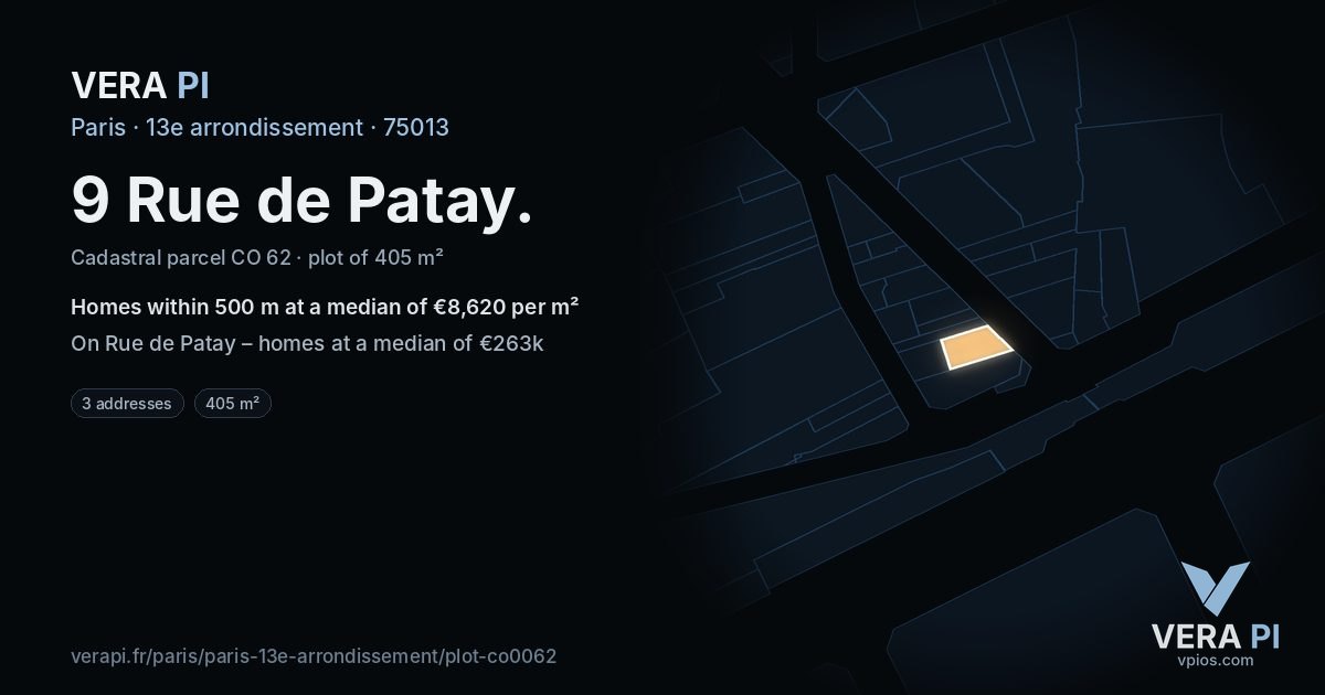 9 Rue de Patay, 13e arrondissement at night – the plot lit, the parcels around coloured by the prices near them