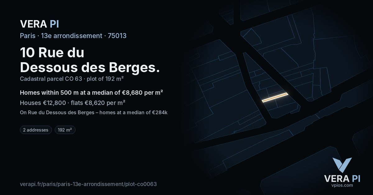 10 Rue du Dessous des Berges, 13e arrondissement at night – the plot lit, the parcels around coloured by the prices near them