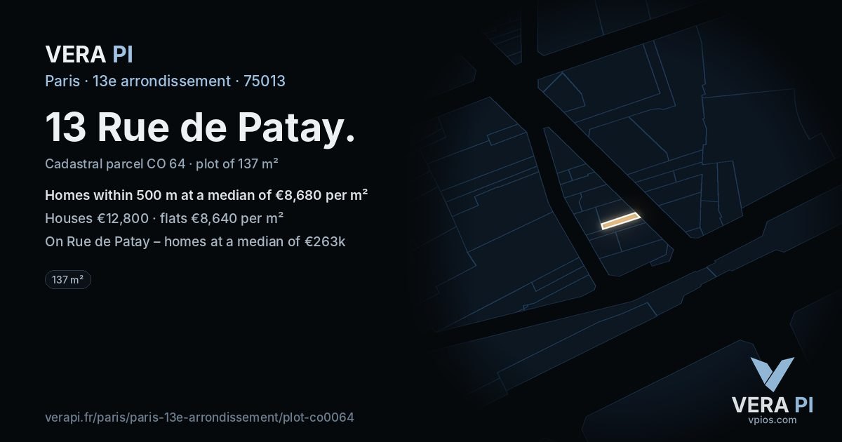 13 Rue de Patay, 13e arrondissement at night – the plot lit, the parcels around coloured by the prices near them