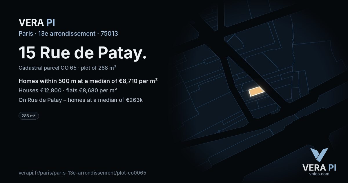 15 Rue de Patay, 13e arrondissement at night – the plot lit, the parcels around coloured by the prices near them